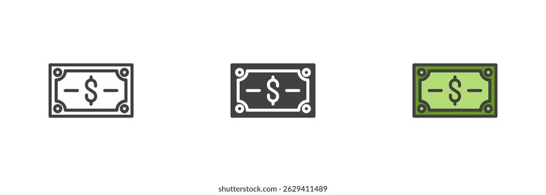 Dollar currency bill different style icon set. Line, glyph and filled outline colorful version, outline and filled vector sign. Money symbol, logo illustration. Vector graphics