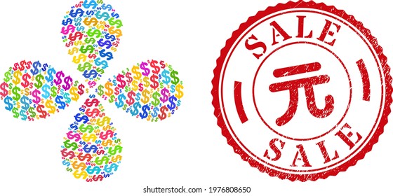 Dollar currency bright exploding abstract flower, and red round SALE textured stamp. Dollar currency symbol inside round stamp. Element whirlpool created from random dollar currency symbols.
