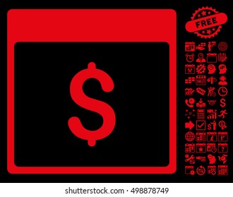 Dollar Currency Calendar Page icon with bonus calendar and time management icon set. Vector illustration style is flat iconic symbols, red, black background.