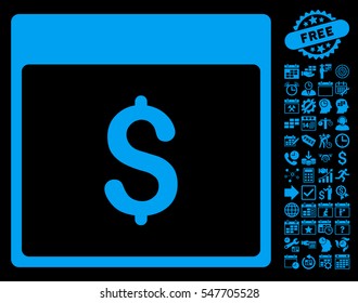 Dollar Currency Calendar Page icon with bonus calendar and time management images. Vector illustration style is flat iconic symbols, blue, black background.