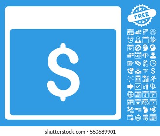 Dollar Currency Calendar Page icon with bonus calendar and time management design elements. Vector illustration style is flat iconic symbols, white, blue background.