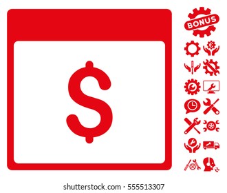 Dollar Currency Calendar Page icon with bonus options design elements. Vector illustration style is flat iconic symbols, red, white background.