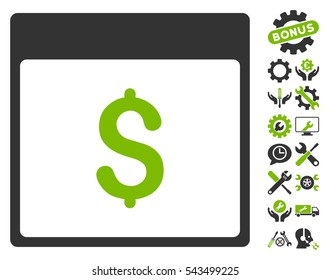 Dollar Currency Calendar Page pictograph with bonus tools pictograph collection. Vector illustration style is flat iconic symbols, eco green and gray, white background.