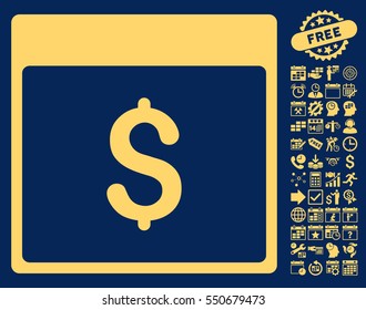 Dollar Currency Calendar Page pictograph with bonus calendar and time management graphic icons. Vector illustration style is flat iconic symbols, yellow, blue background.