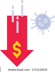 dollar currency crisis getting drop vector icon design, novel coronavirus, covid-19 is hitting the U.S. economy on white background, Red Arrow Falling Down Symbol