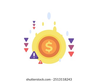 dollar currency depreciation concept. the value of the dollar continues to decline. financial problems. illustration of a dollar coin with a downward arrow and a warning sign. flat style design