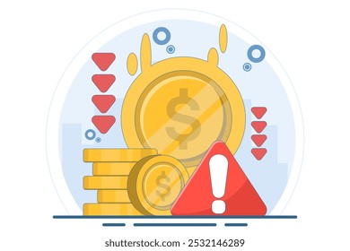 dollar currency depreciation concept. dollar value keeps decreasing. financial problems. dollar coin with down arrow and warning sign. flat style design vector illustration.