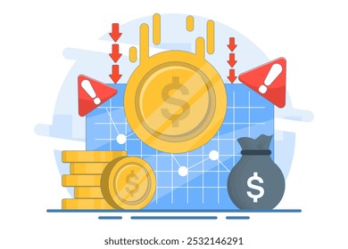 dollar currency depreciation concept. dollar value keeps decreasing. financial problems. dollar coin with down arrow and warning sign. flat style design vector illustration.