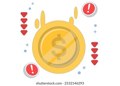 dollar currency depreciation concept. dollar value keeps decreasing. financial problems. dollar coin with down arrow and warning sign. flat style design vector illustration.