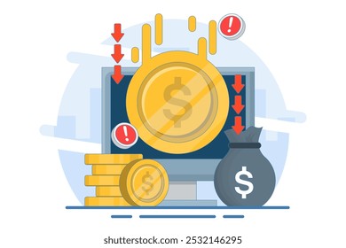 dollar currency depreciation concept. dollar value keeps decreasing. financial problems. dollar coin with down arrow and warning sign. flat style design vector illustration.