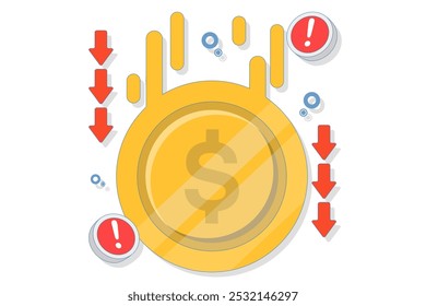 dollar currency depreciation concept. dollar value keeps decreasing. financial problems. dollar coin with down arrow and warning sign. flat style design vector illustration.