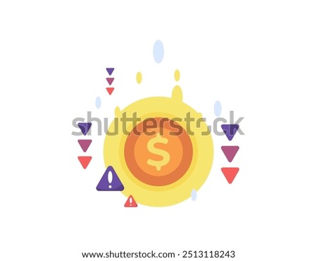 dollar currency depreciation concept. the value of the dollar continues to decline. financial problems. illustration of a dollar coin with a downward arrow and a warning sign. flat style design