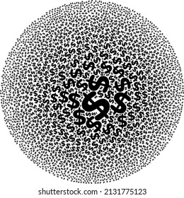 Dollar currency elements are combined into spheric group. Dollar currency icon spheric composition. Abstract spheric globula collage is combined from dollar currency symbols.