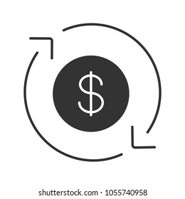 Dollar currency exchange glyph icon. Refund. Circle arrow with dollar sign inside. Silhouette symbol. Negative space. Vector isolated illustration