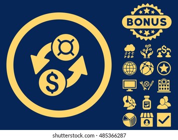 Dollar Currency Exchange icon with bonus images. Vector illustration style is flat iconic symbols, yellow color, blue background.
