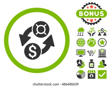 Dollar Currency Exchange icon with bonus pictogram. Vector illustration style is flat iconic bicolor symbols, eco green and gray colors, white background.