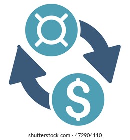 Dollar Currency Exchange icon. Vector style is bicolor flat iconic symbol with rounded angles, cyan and blue colors, white background.