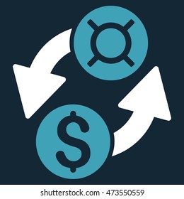 Dollar Currency Exchange icon. Vector style is bicolor flat iconic symbol with rounded angles, blue and white colors, dark blue background.
