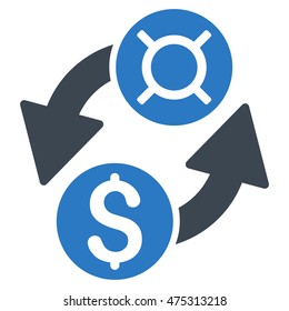 Dollar Currency Exchange icon. Vector style is bicolor flat iconic symbol with rounded angles, smooth blue colors, white background.