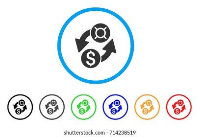 Dollar Currency Exchange icon. Vector illustration style is a flat iconic dollar currency exchange gray rounded symbol inside light blue circle with black, gray, green, blue, red,
