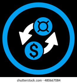 Dollar Currency Exchange rounded icon. Vector illustration style is flat iconic bicolor symbol, blue and white colors, black background.
