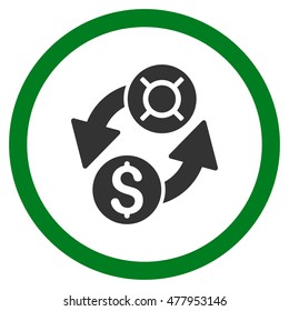 Dollar Currency Exchange vector bicolor rounded icon. Image style is a flat icon symbol inside a circle, green and gray colors, white background.