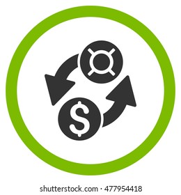 Dollar Currency Exchange vector bicolor rounded icon. Image style is a flat icon symbol inside a circle, eco green and gray colors, white background.