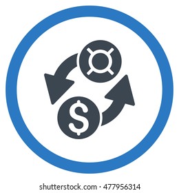 Dollar Currency Exchange vector bicolor rounded icon. Image style is a flat icon symbol inside a circle, smooth blue colors, white background.