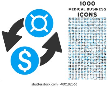 Dollar Currency Exchange vector bicolor icon with 1000 medical business icons. Set style is flat pictograms, blue and gray colors, white background.