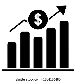Dollar currency fluctuation up chart icon in modern silhouette style design. Vector illustration.