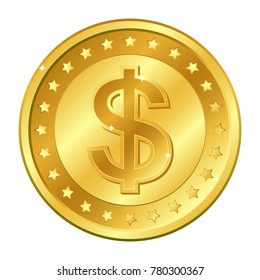 Dollar currency gold coin with stars. Vector illustration isolated on white background. Editable elements and glare. Rich. EPS10