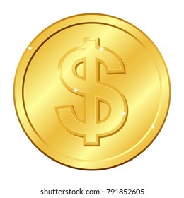 Dollar currency gold coin. Vector illustration isolated on white background. Editable elements and glare. Rich. EPS10