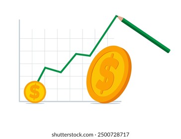 Dollar currency growth. Dollar price soaring sky high hit new high record concept. Flat vector illustration