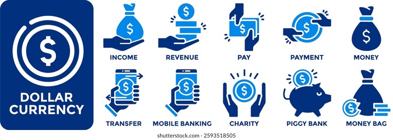 Dollar currency icon collection set.Containing income, revenue, pay, payment, money, transfer, mobile banking, charity, piggy bank and money bag icon. Simple flat vector illustration.	