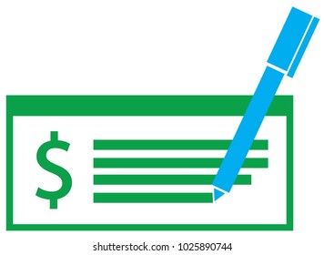 Dollar currency icon or logo vector on a paycheck or cheque. Symbol for United States of America bank, banking or American finances.