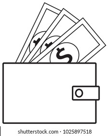 Dollar currency icon or logo vector on notes popping out of a wallet. Symbol for United States of America bank, banking or British and English finances