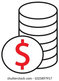 Dollar currency icon or logo vector over a pile of coins stack. Symbol for United States of America bank, banking or American finances.