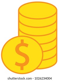 Dollar currency icon or logo vector over a pile of coins stack. Symbol for United States of America bank, banking or American finances.