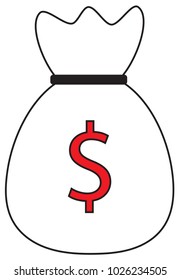 Ícone de moeda de dólar ou vetor de logotipo sobre um saco de dinheiro, finanças bancárias ou americanas.