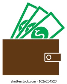 Icono de moneda del dólar o vector de logotipo en notas que salen de una billetera. Símbolo de las finanzas bancarias o británicas e inglesas de los Estados Unidos de América