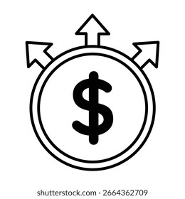 Ilustración vectorial de ícono de moneda de dólar con flechas que muestran el crecimiento de la inversión financiera símbolo de éxito de la economía de ganancias para la banca y los negocios.