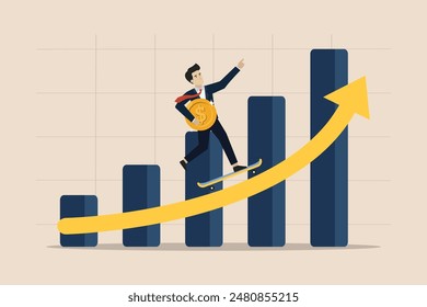 The dollar currency increases, investment, wealth or income increase graph, smart businessman company leader riding a skateboard carrying dollar coins to increase profit graph diagram.