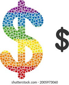 Dollar currency mosaic icon of round items in various sizes and spectrum colorful color tints. A dotted LGBT-colored dollar currency for lesbians, gays, bisexuals, and transgenders.