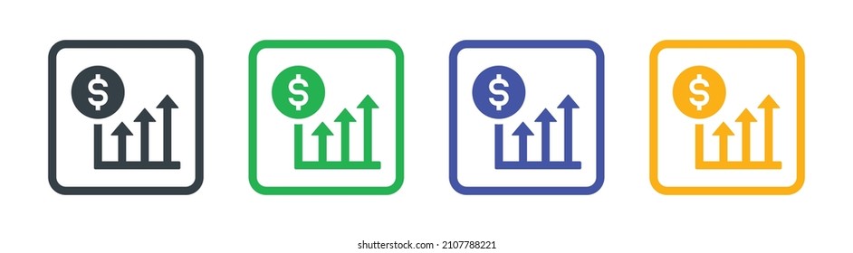 Moneda de dólar en conjunto de iconos de la gráfica de datos. Ilustración vectorial de iconos en dólares estadounidenses.