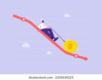 Dollar currency price falling down, de dollarization crisis or bankruptcy problem, fluctuation and uncertainty concept, businessman falling down in big golden coin tied to leg with chains