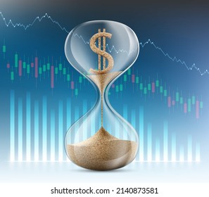 Dollar currency sign made of sand inside an hourglass. Concept of inflation and financial crisis. vector illustration