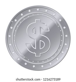 Dollar currency silver coin with stars. Vector illustration isolated on white background. Editable elements and glare. Rich. EPS10