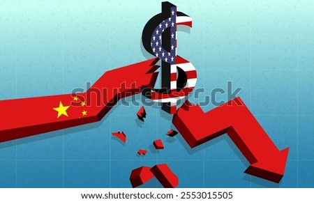 Dollar currency sing break China economic arrow. Concept of crisis, competition tensions, tax, tariffs, trade, partnership, sanctions, duties  partnerships between America China.