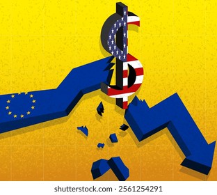 Dollar currency sing break european union euro money economic arrow. Concept of crisis, competition tensions, tax, tariffs, trade, partnership, sanctions, duties partnerships between US and Europe.