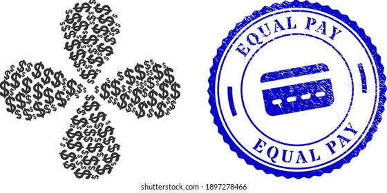 Dollar currency swirl flower shape, and blue round EQUAL PAY rough watermark with icon inside. Object flower with 4 petals organized from oriented dollar currency symbols.